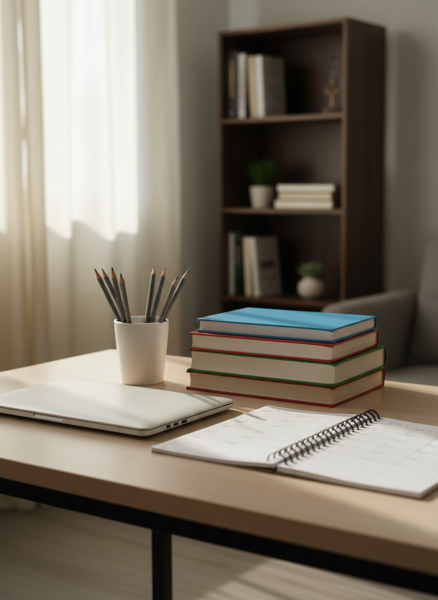 A tidy study desk carefully arranged in a quiet living room, representing home-based learning. On the desk, a sleek closed laptop, a stack of neatly aligned textbooks with colorful spines, sharpened pencils in a simple white cup, and a paper notebook open to a clean page with a printed weekly schedule. The background shows a softly blurred bookshelf and a window with light curtains. Gentle natural daylight enters from the side, creating soft shadows and a calm, reassuring atmosphere. Photographic realism, shot at eye level with a slightly shallow depth of field, clean and modern composition that feels organized, professional, and inviting for focused school support at home.